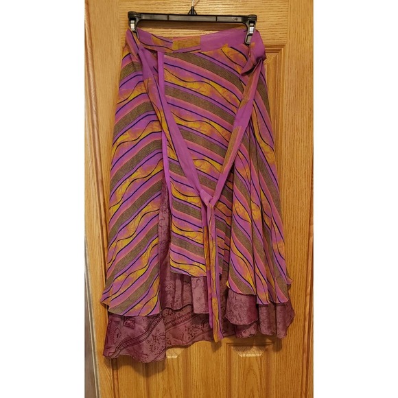 Kariza one size purple & multicolored striped wrap silk skirt - Picture 2 of 5